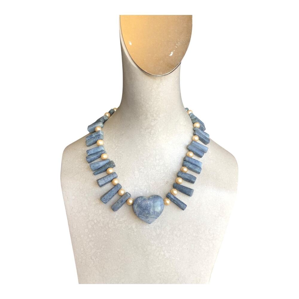 Blue Kyanite Heart Pendant Necklace Faux Pearl Beads Statement Jewelry